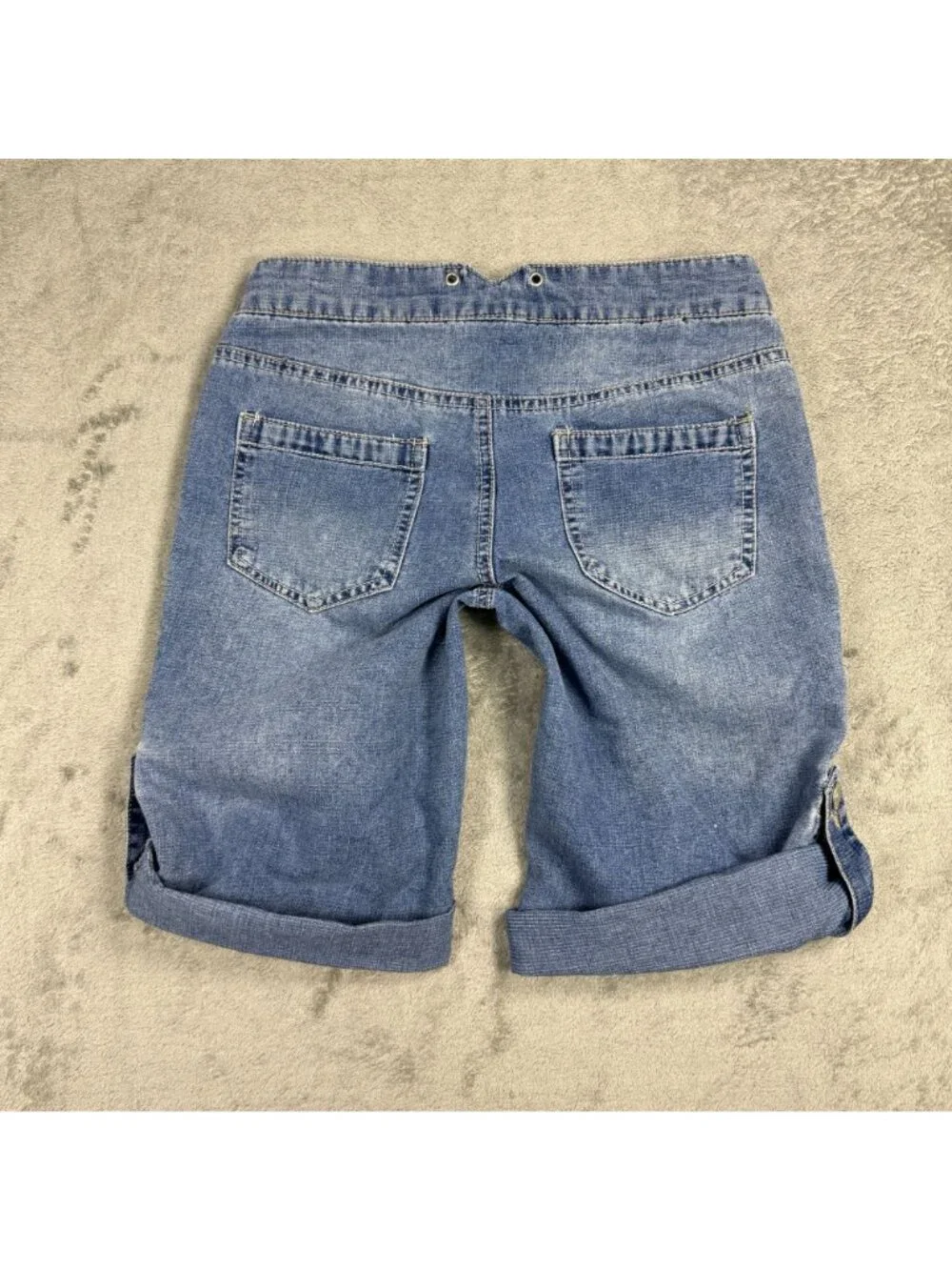 Y2K 2000s Ultra Low Rise Jorts Womens 3 Roll-Up Denim Bermuda Shorts Grunge Blue